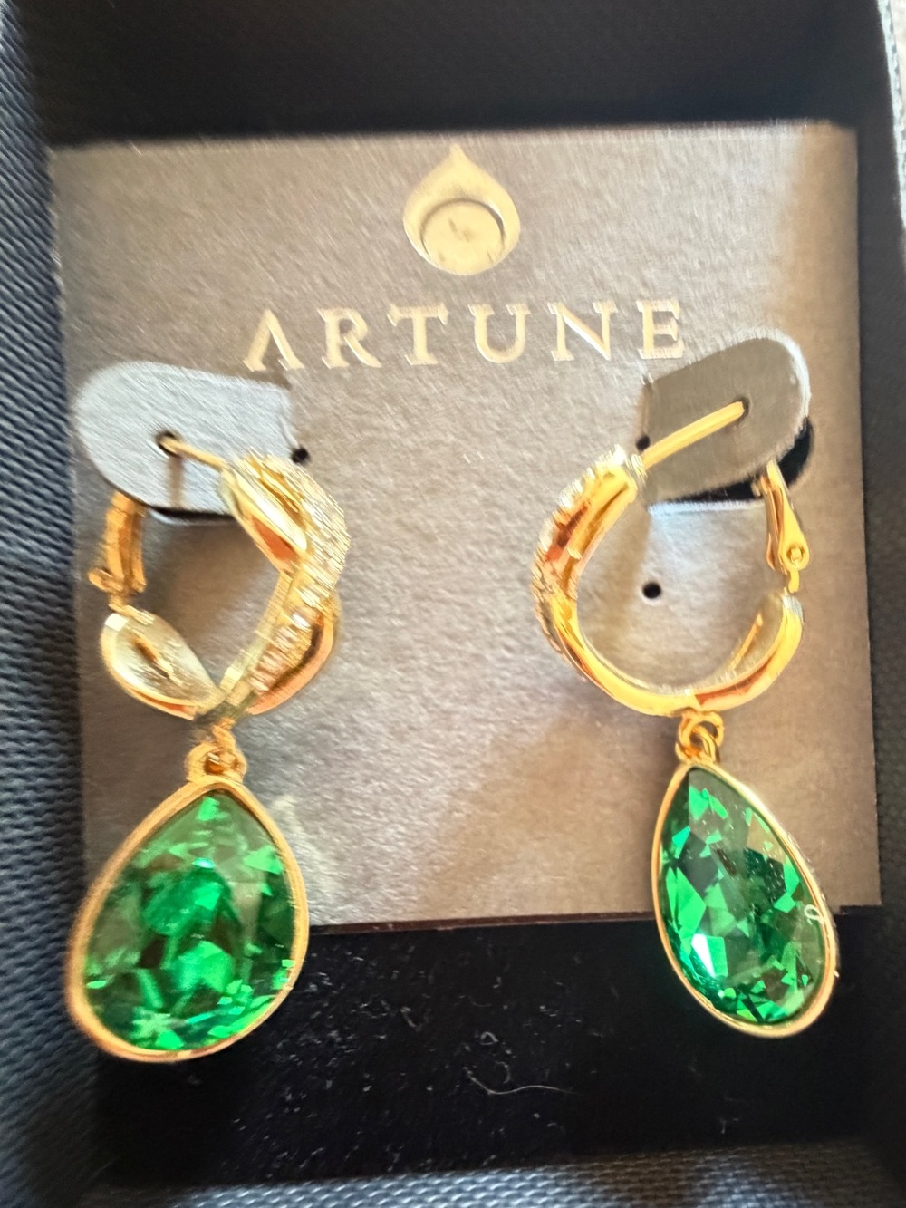 Gold Drop Earrings with Emerald Green Teardrop Stones